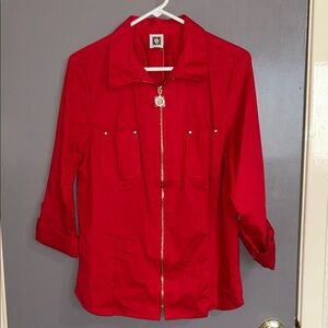 Anne Klein Bright Red Zip-Front Utility Jacket Large